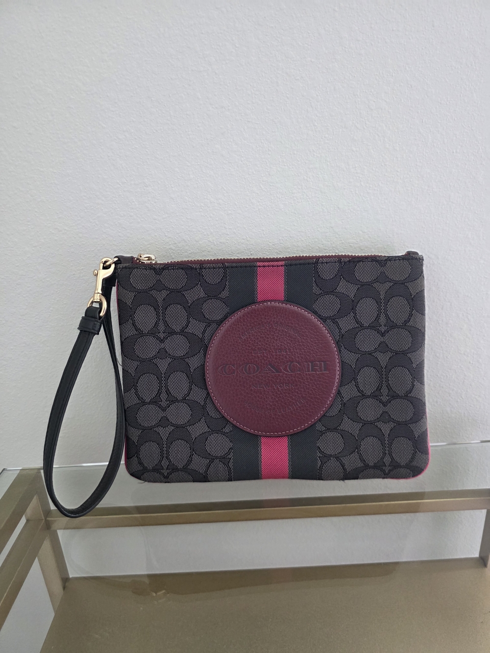 Coach Brown Signature Wristlet with Burgundy and Black Stripe